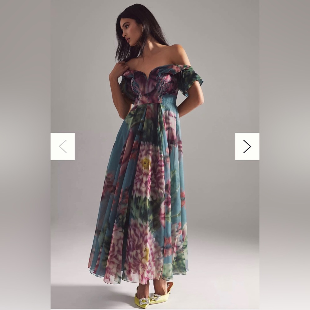 Anthropologie Geisha Designs Off-The-Shoulder Floral Appliqué Dress